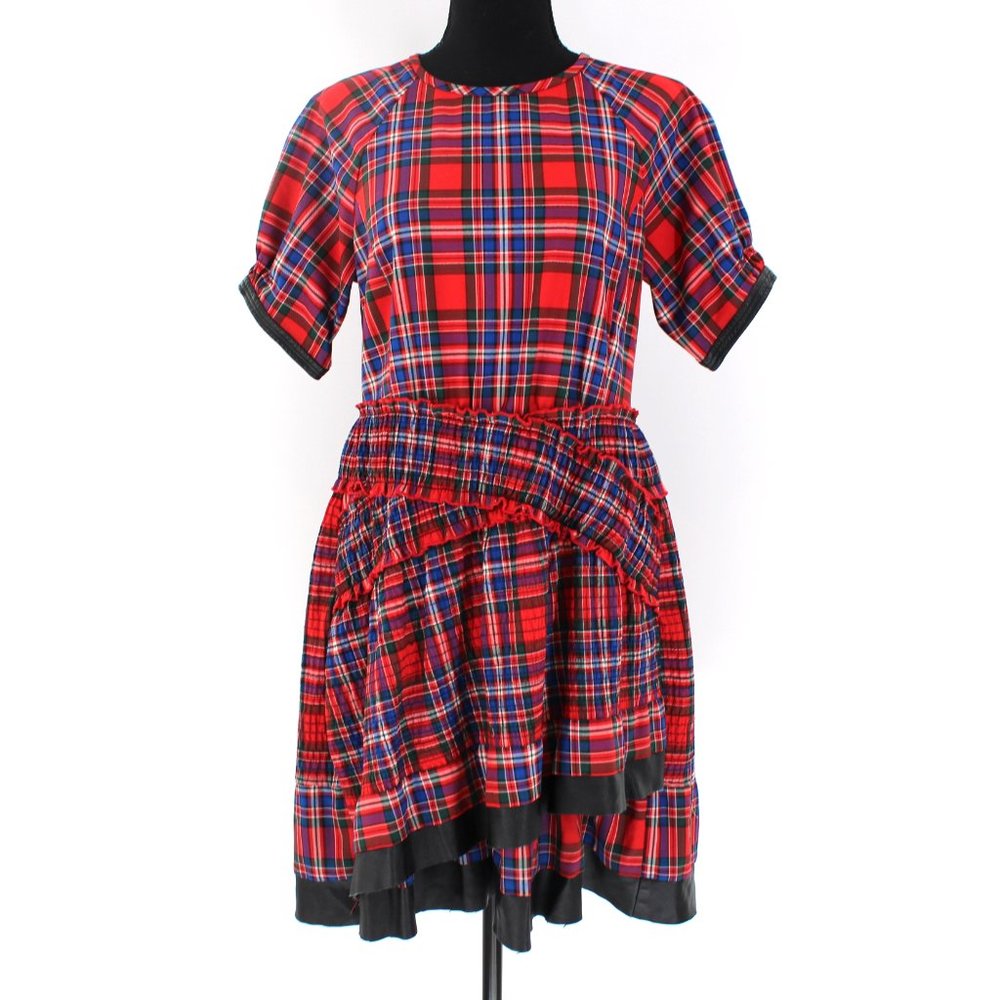 Tanya Taylor Red Plaid Nicole Cinched Skirt Mini Dress Lambskin Leather Trim 12